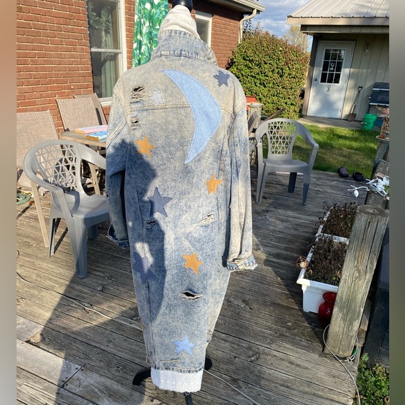 Vintage Upcycled Maxi Denim Jacket Primitive Moon & Stars Boho Shabby Country 3X - Picture 3 of 16